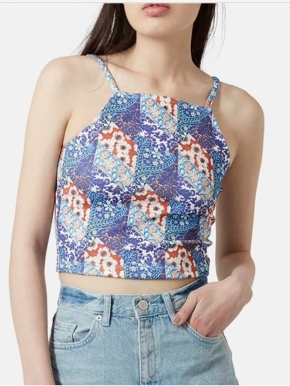 Topshop Blue Floral Mosaic Crop Top